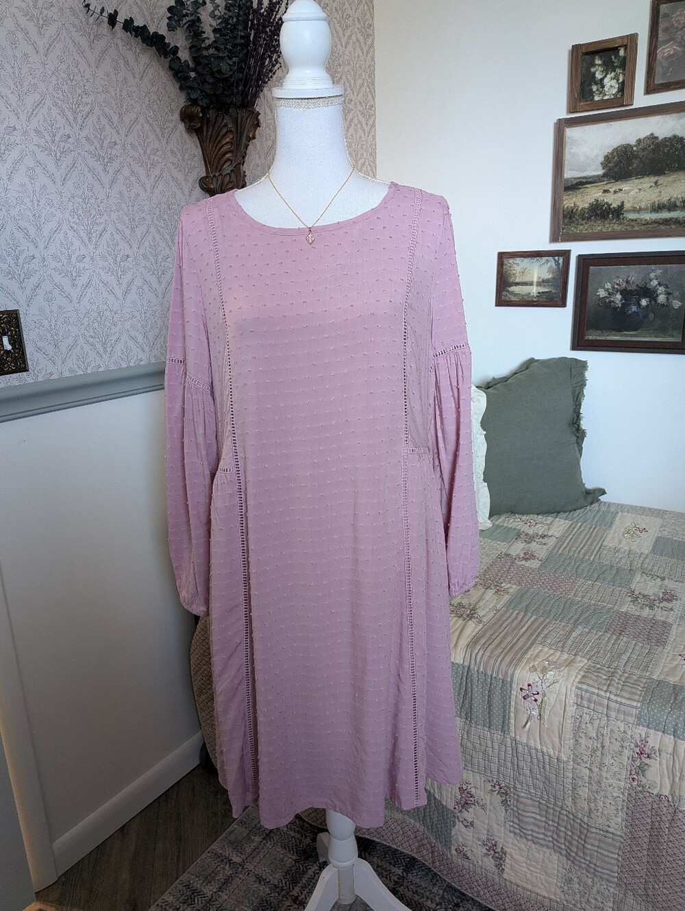 Matilda Jane Turn on the Charm Dress M NWT Pink Mauve Swiss Dot Boho